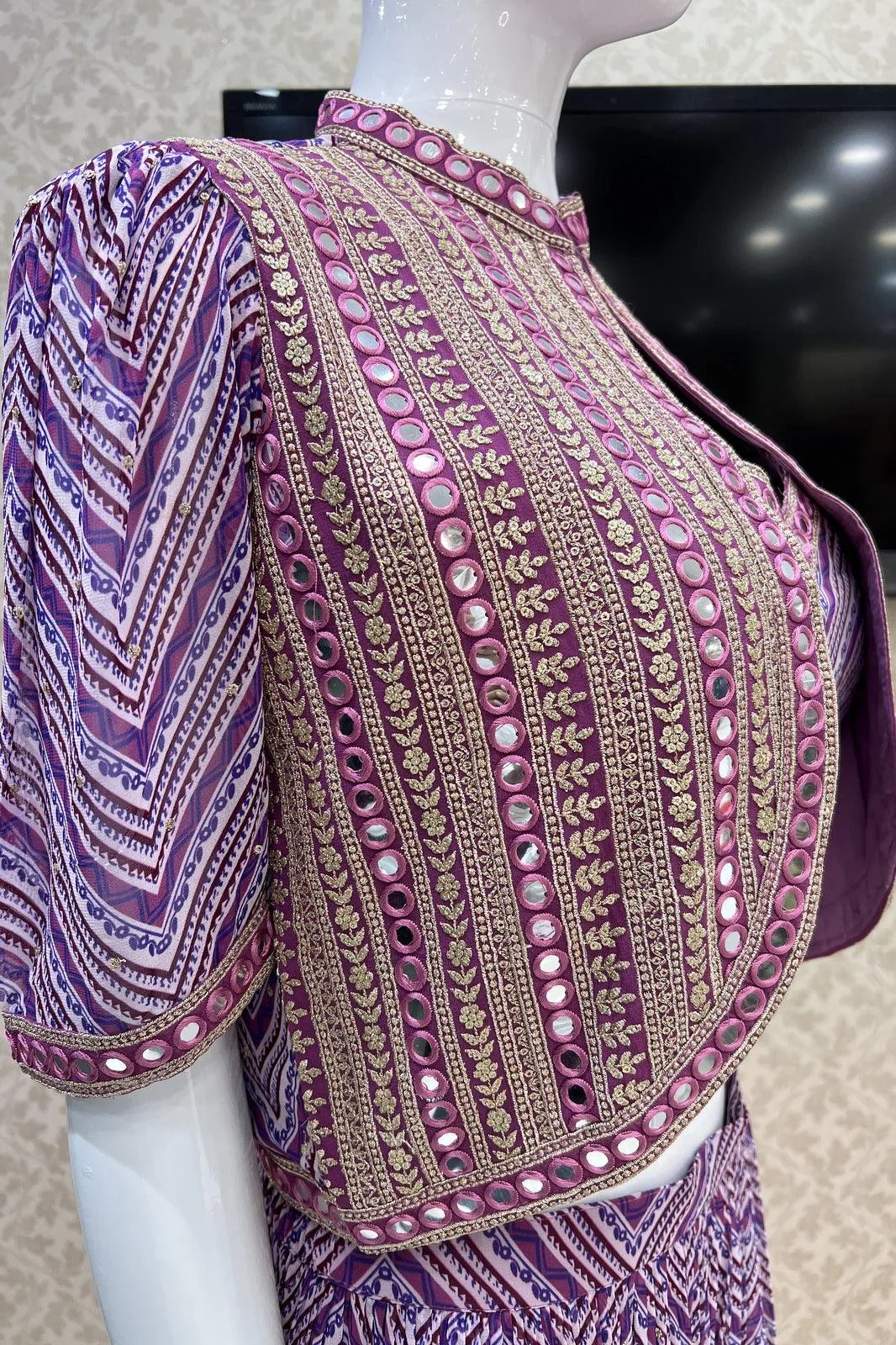 Purple Digital Print, Sequins, Zari and Thread work Crop Top with Overcoat Styled Palazzo Suit Set
