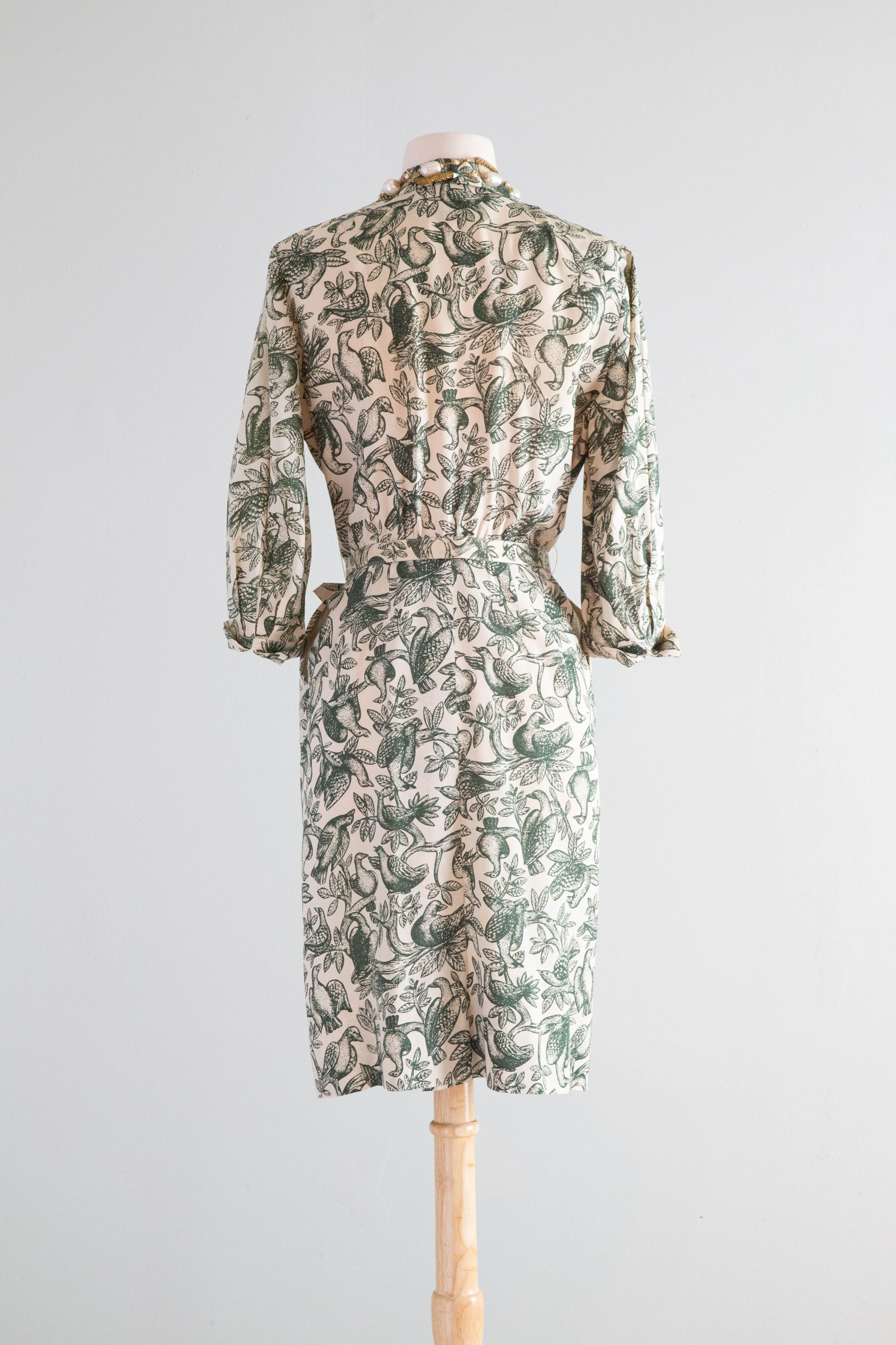 "For The Birds" 1950's Silk Shirtwaist Day Dress With Fabulous Bird Print By Tanner / Medium