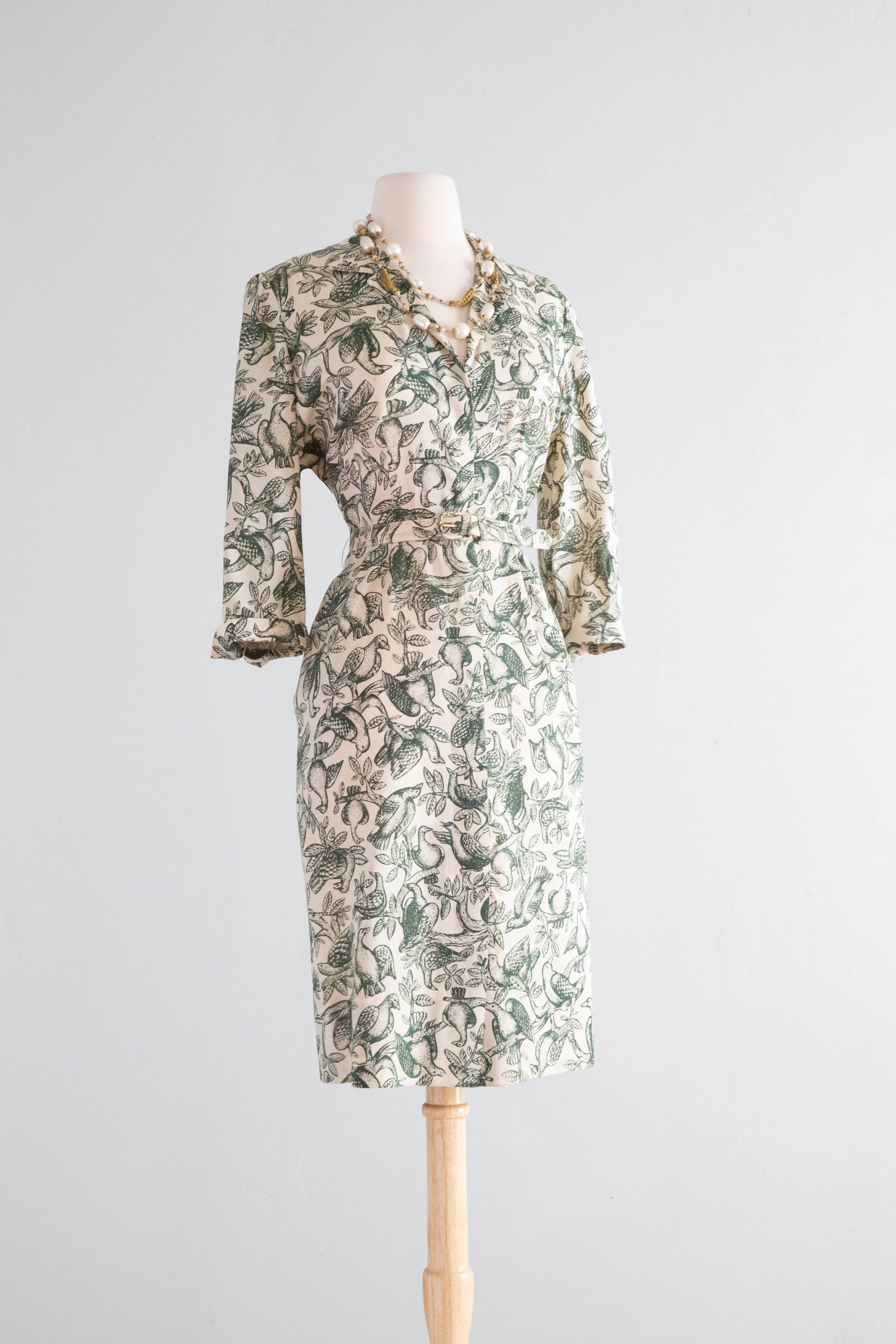 "For The Birds" 1950's Silk Shirtwaist Day Dress With Fabulous Bird Print By Tanner / Medium