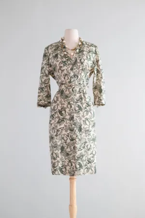 "For The Birds" 1950's Silk Shirtwaist Day Dress With Fabulous Bird Print By Tanner / Medium