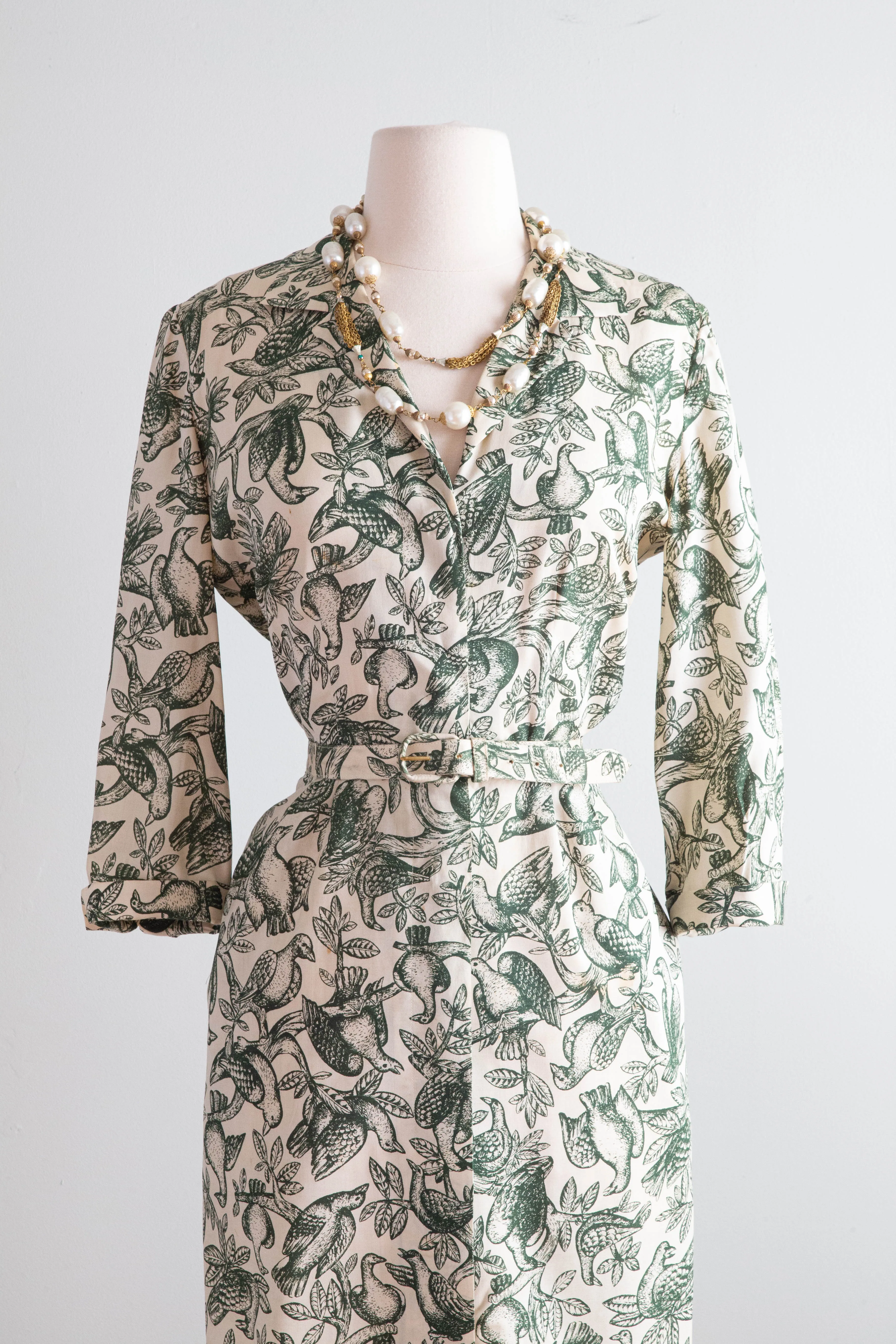 "For The Birds" 1950's Silk Shirtwaist Day Dress With Fabulous Bird Print By Tanner / Medium