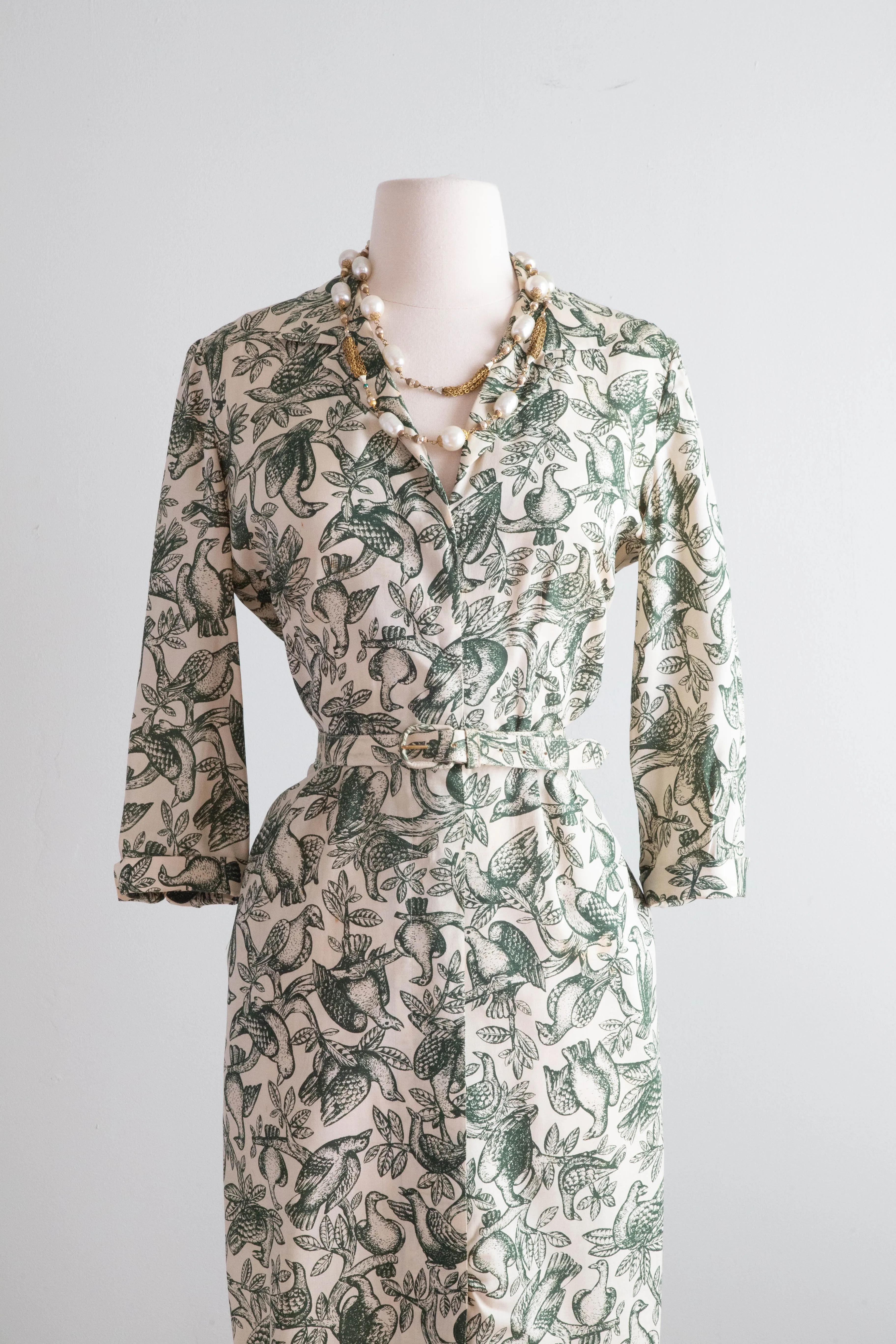 "For The Birds" 1950's Silk Shirtwaist Day Dress With Fabulous Bird Print By Tanner / Medium