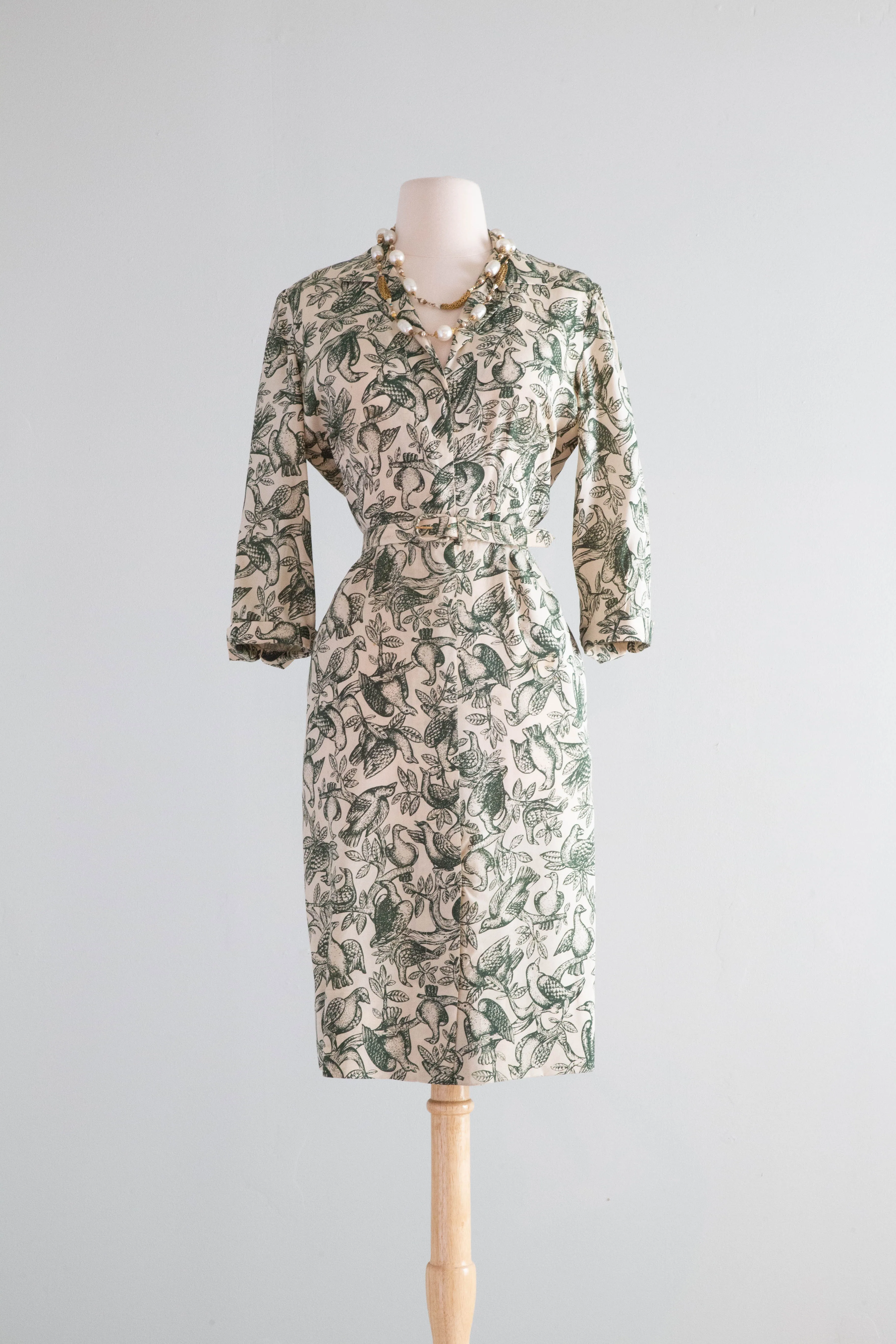 "For The Birds" 1950's Silk Shirtwaist Day Dress With Fabulous Bird Print By Tanner / Medium
