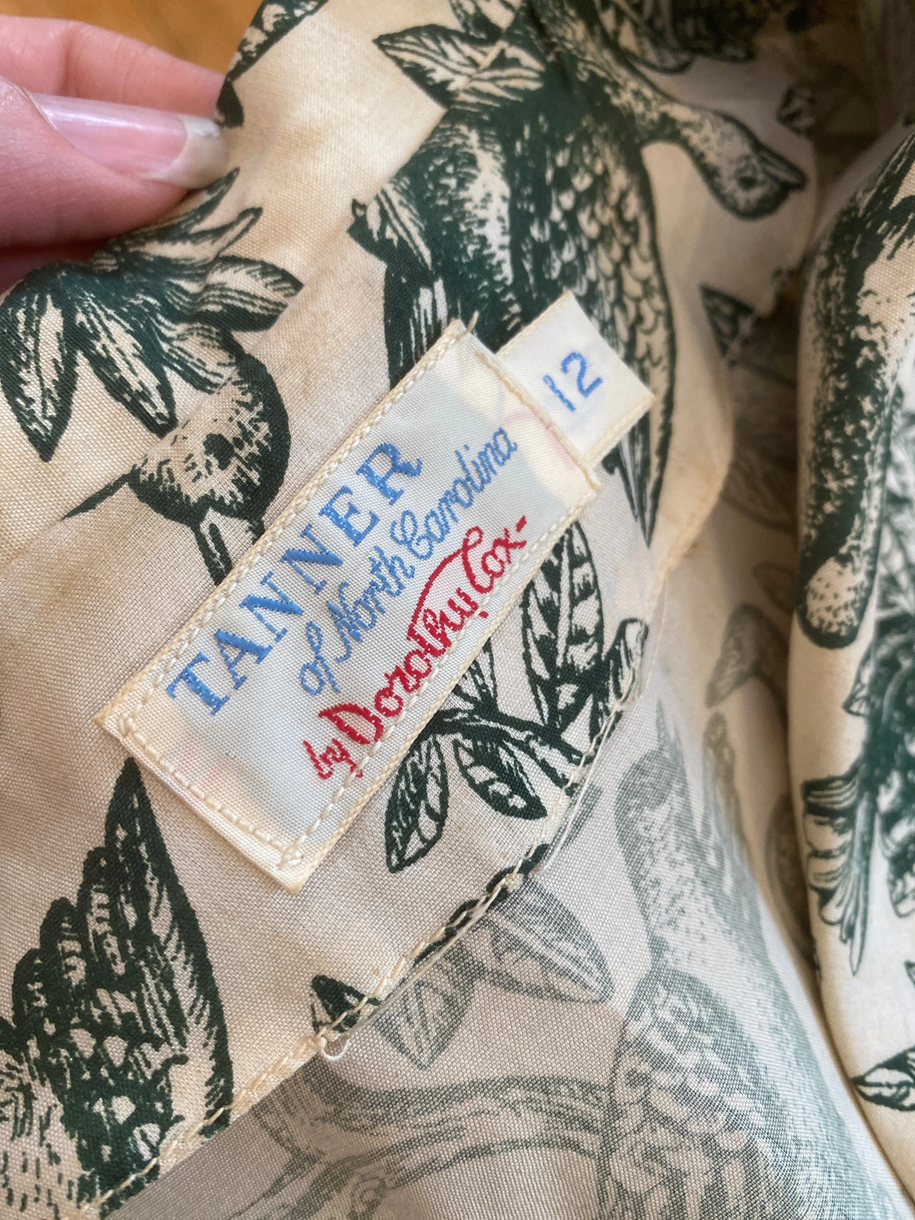 "For The Birds" 1950's Silk Shirtwaist Day Dress With Fabulous Bird Print By Tanner / Medium
