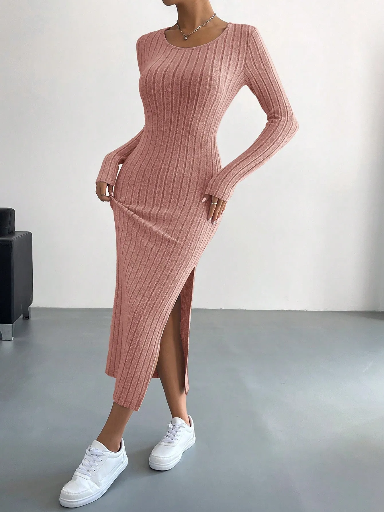 Round Neck Solid Split Thigh Rib-Knit Dress