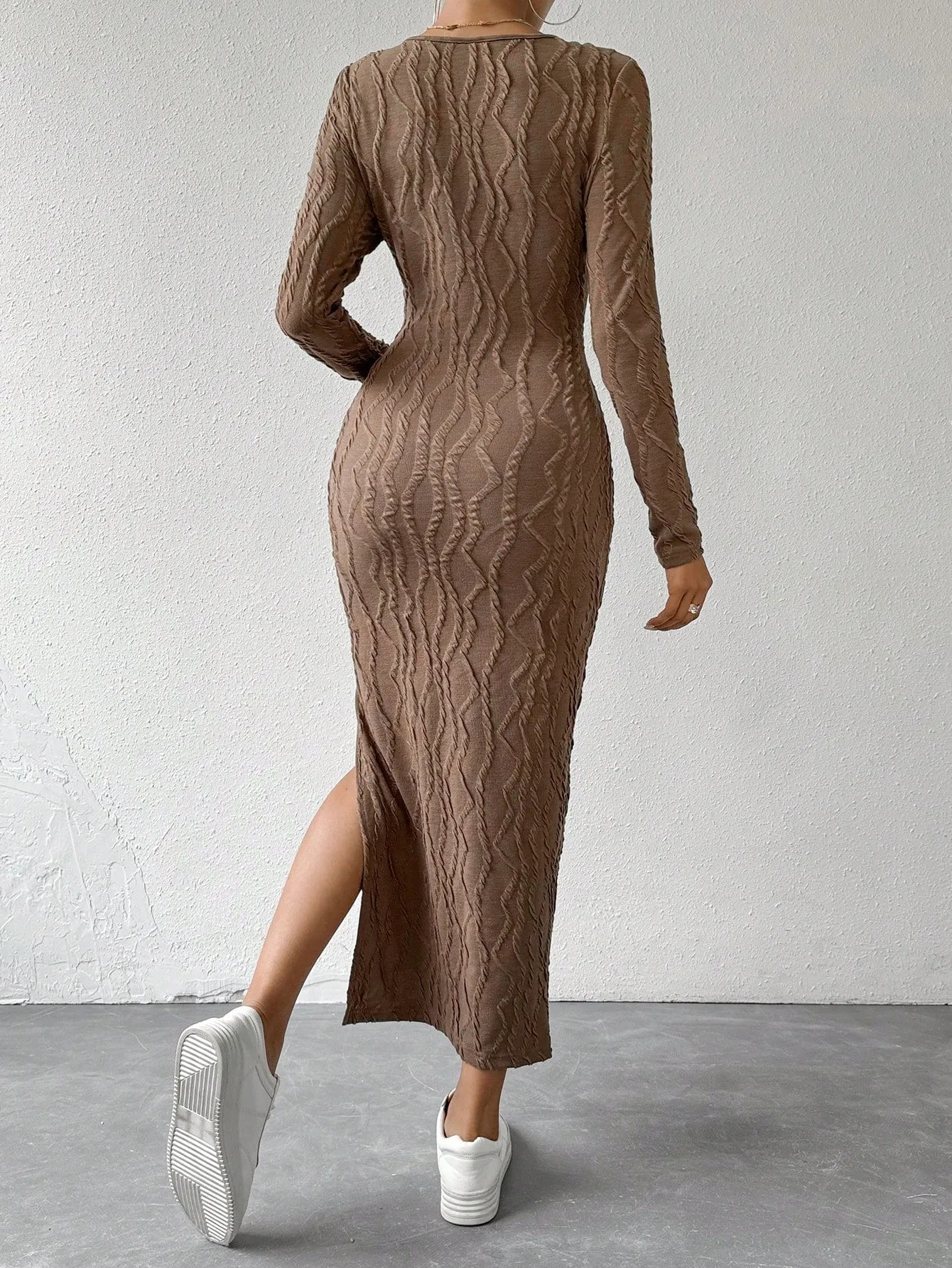 Round Neck Solid Split Thigh Rib-Knit Dress