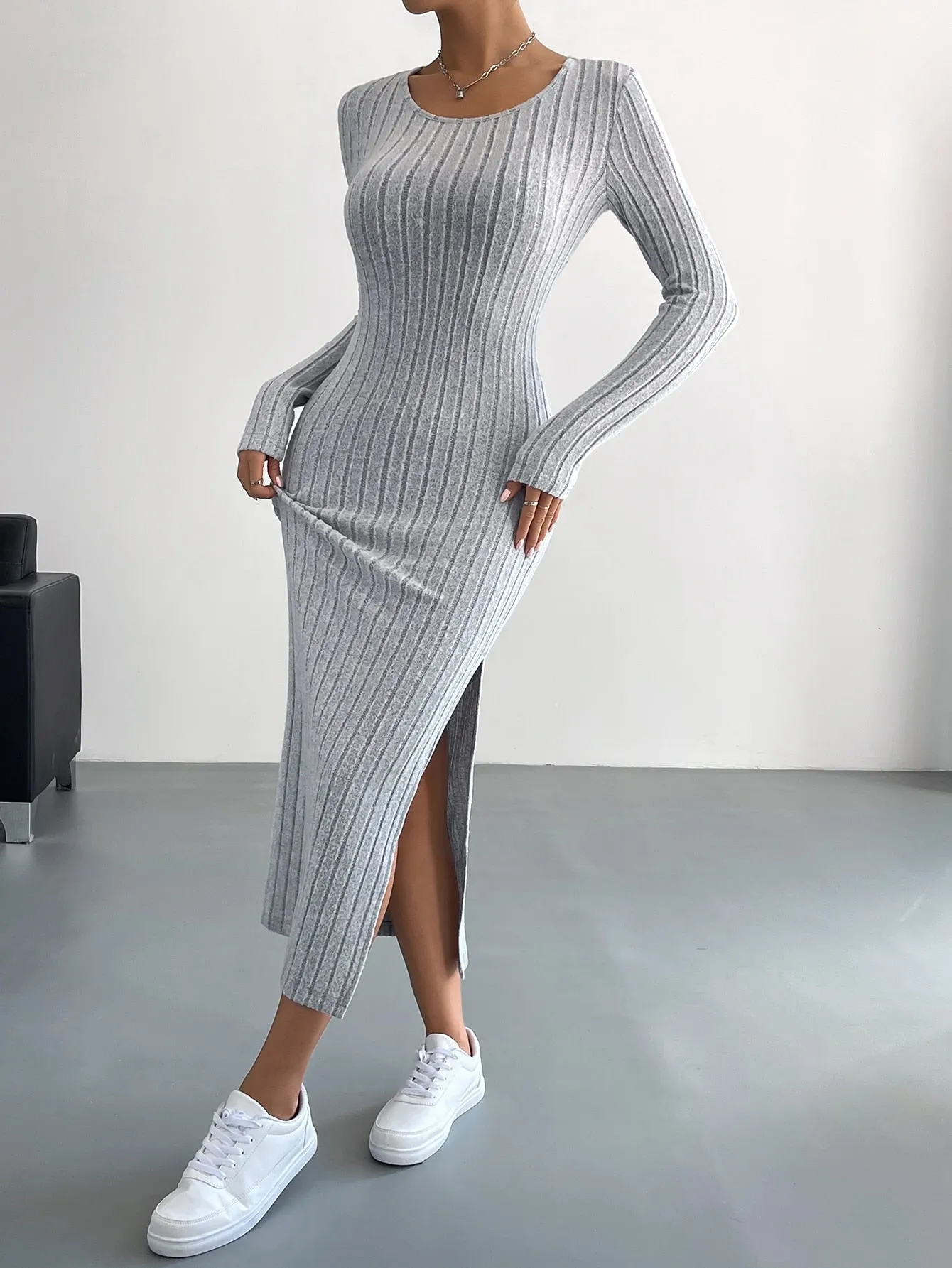 Round Neck Solid Split Thigh Rib-Knit Dress