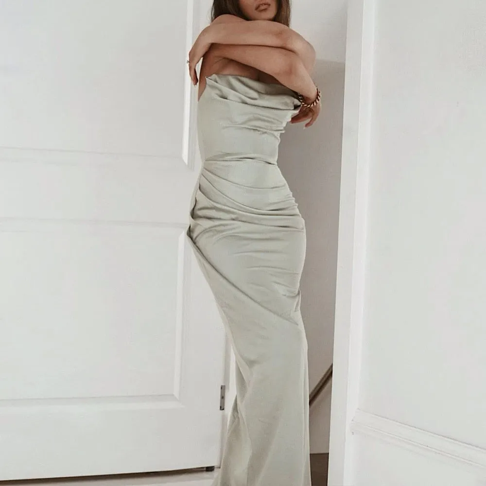 Satin Draped Tube Charming Bodycon Maxi Dress