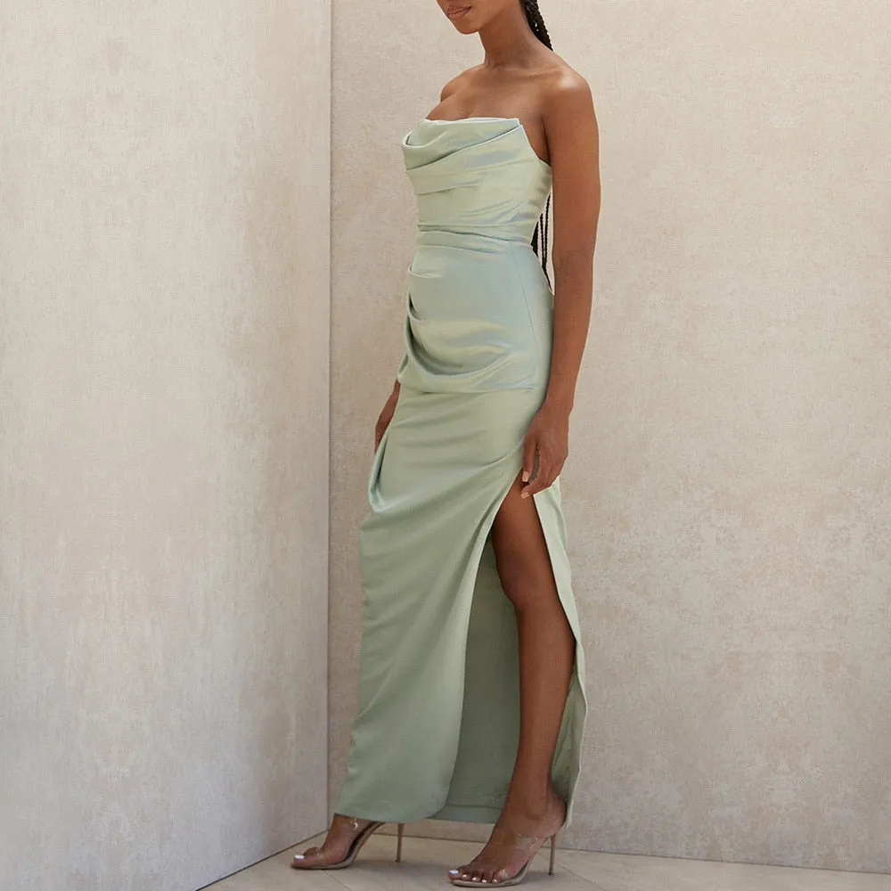 Satin Draped Tube Charming Bodycon Maxi Dress