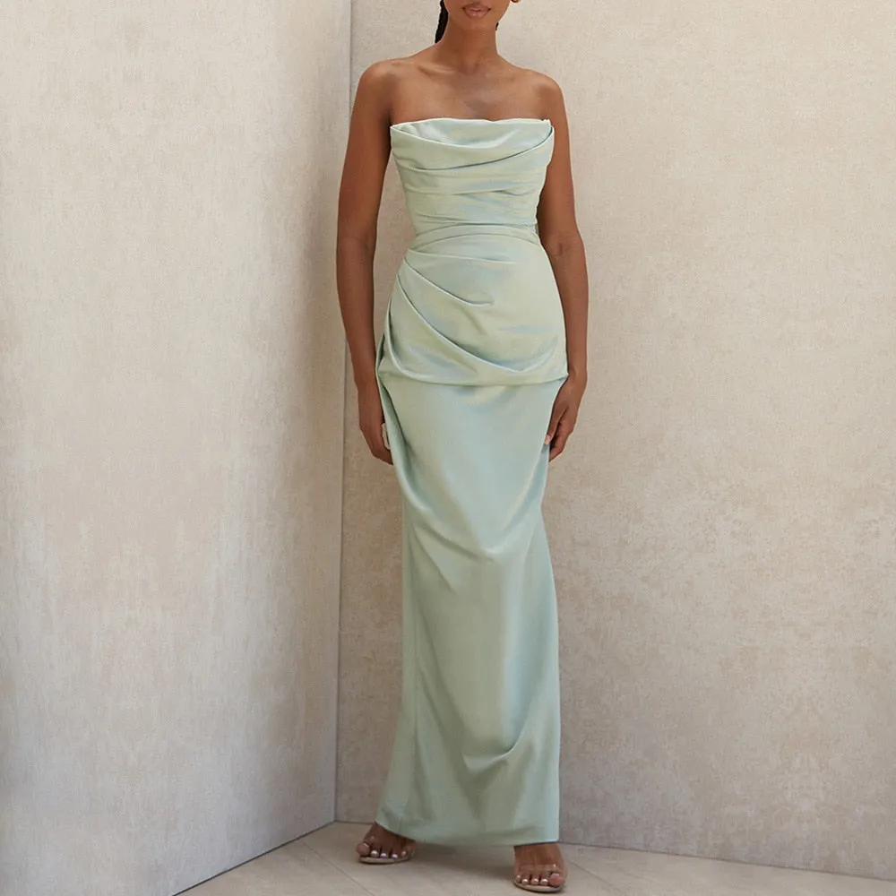 Satin Draped Tube Charming Bodycon Maxi Dress