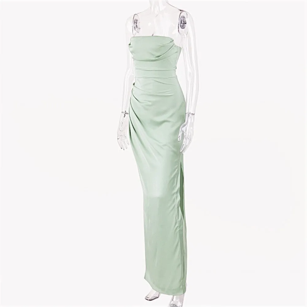 Satin Draped Tube Charming Bodycon Maxi Dress