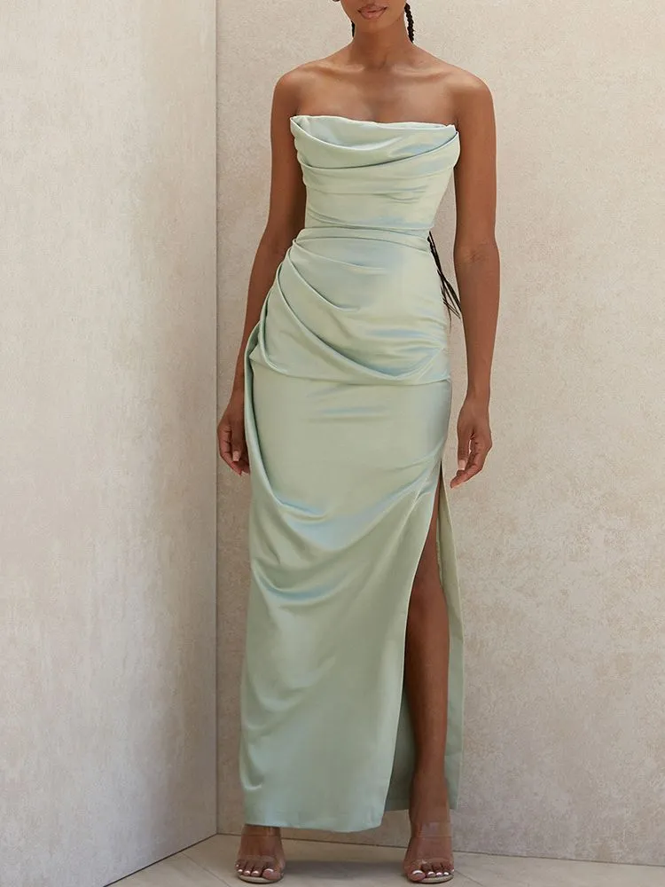 Satin Draped Tube Charming Bodycon Maxi Dress