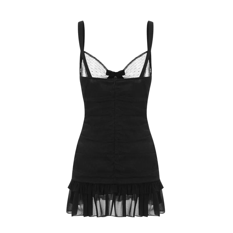 Schwarzes Vintage Kleid Folds Gothic Spitze Volant V Neck Skinny
