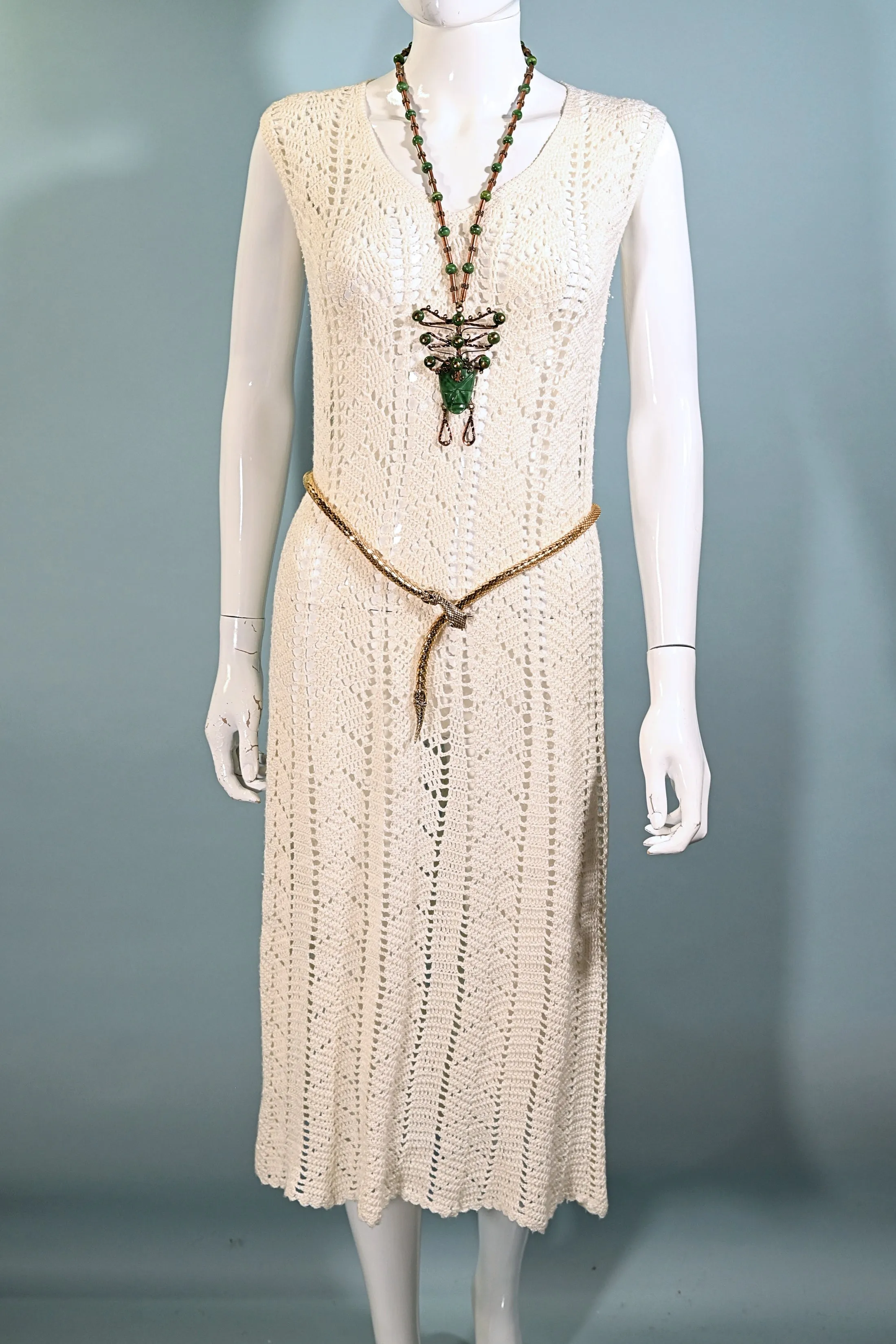 SOLD Vintage 60s Crochet Midi Dress, V Neck Bohemian Flapper Revival Dress S/M