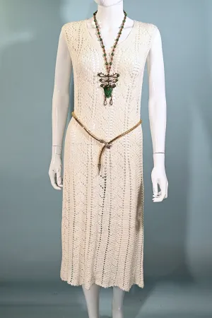SOLD Vintage 60s Crochet Midi Dress, V Neck Bohemian Flapper Revival Dress S/M