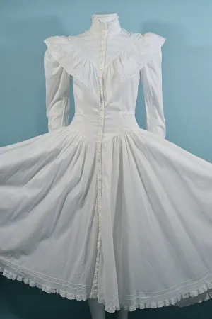SOLD Vintage Victorian Style Prairie Dress, White Ruffle Cottagecore Dress, Karen Alexander S/M