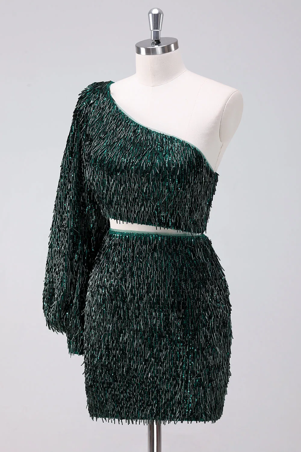 Sparkly Fringed Dark Green One Shoulder Short Homecoming Dress