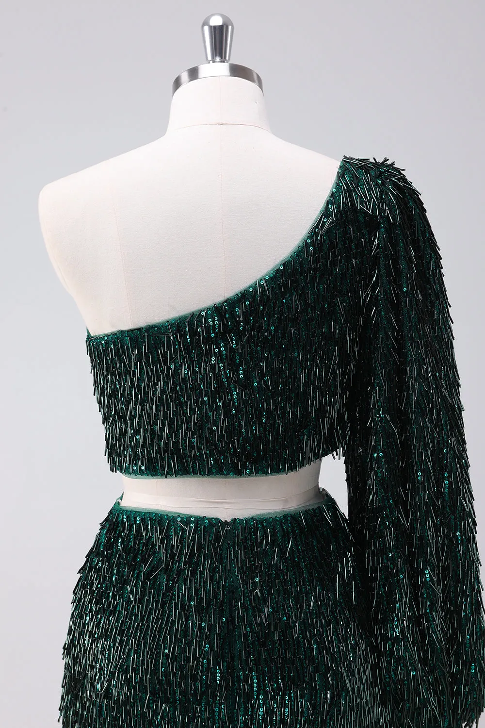 Sparkly Fringed Dark Green One Shoulder Short Homecoming Dress