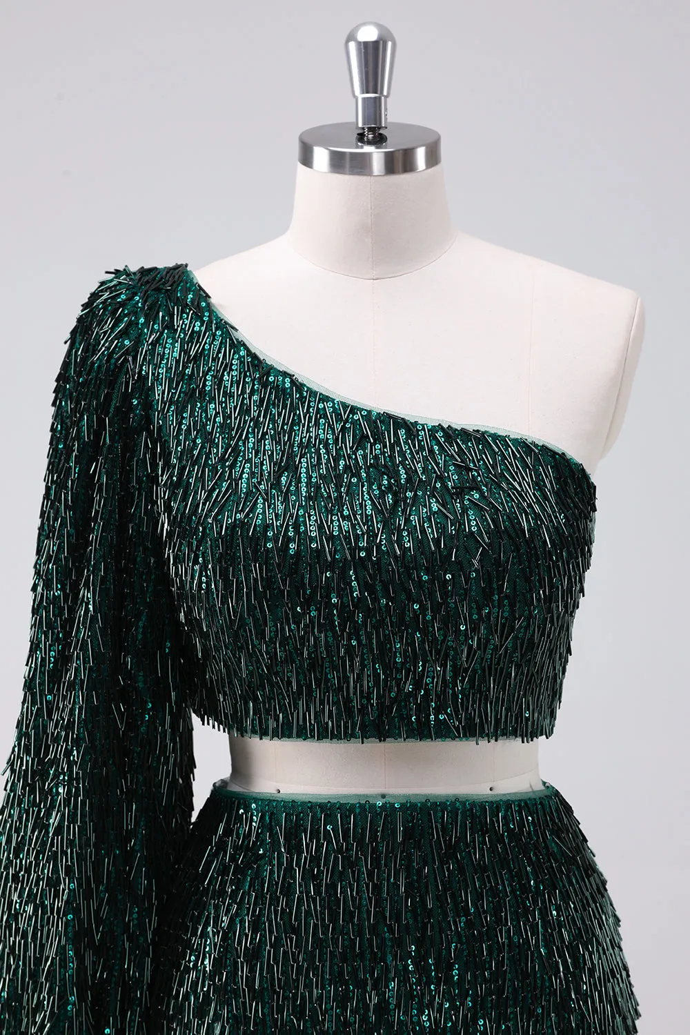 Sparkly Fringed Dark Green One Shoulder Short Homecoming Dress