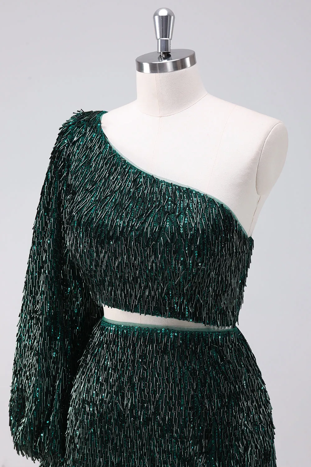 Sparkly Fringed Dark Green One Shoulder Short Homecoming Dress