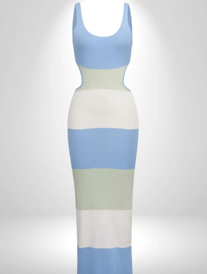 STRIPE BACKLESS BODYCON DRESS - BLUE