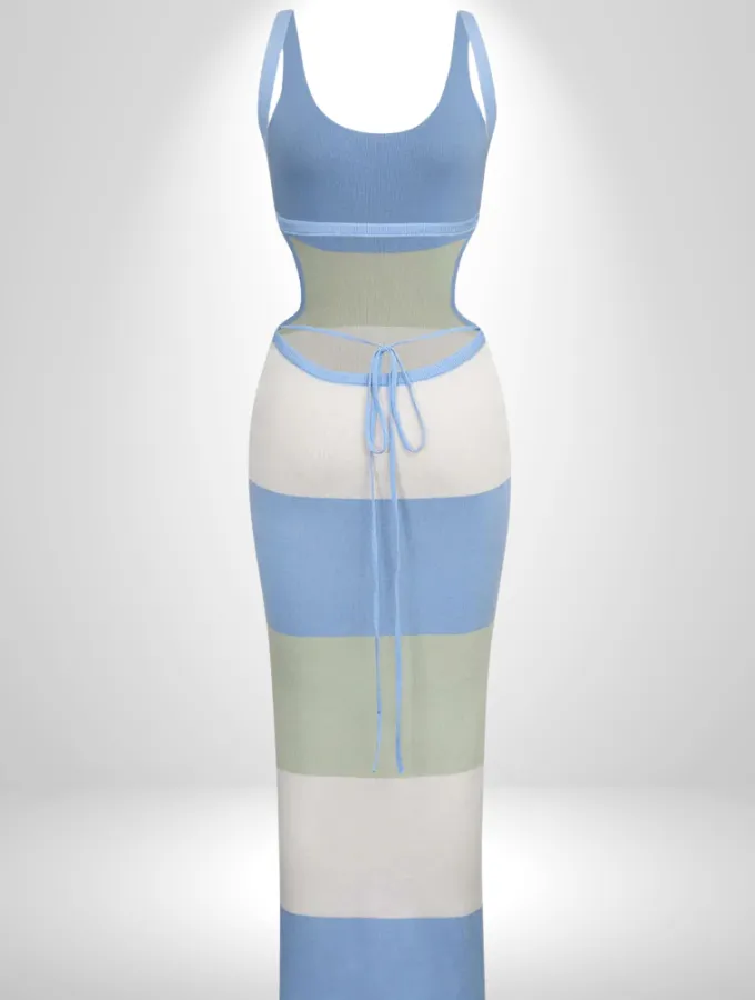 STRIPE BACKLESS BODYCON DRESS - BLUE