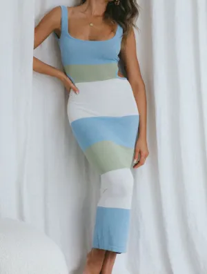 STRIPE BACKLESS BODYCON DRESS - BLUE