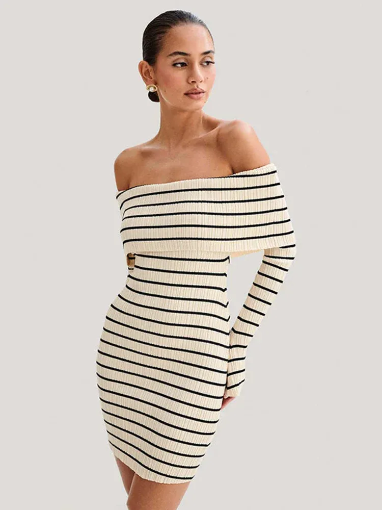 Striped Long Sleeve Charming Knit Off-Shoulder Mini Dress