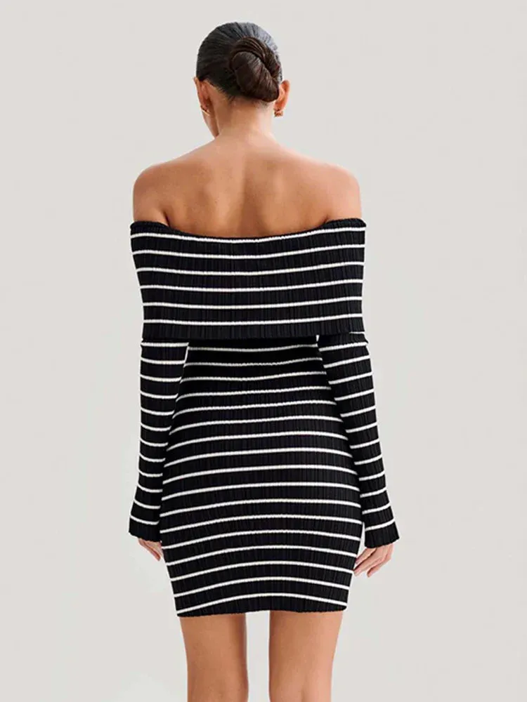 Striped Long Sleeve Charming Knit Off-Shoulder Mini Dress