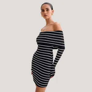Striped Long Sleeve Charming Knit Off-Shoulder Mini Dress