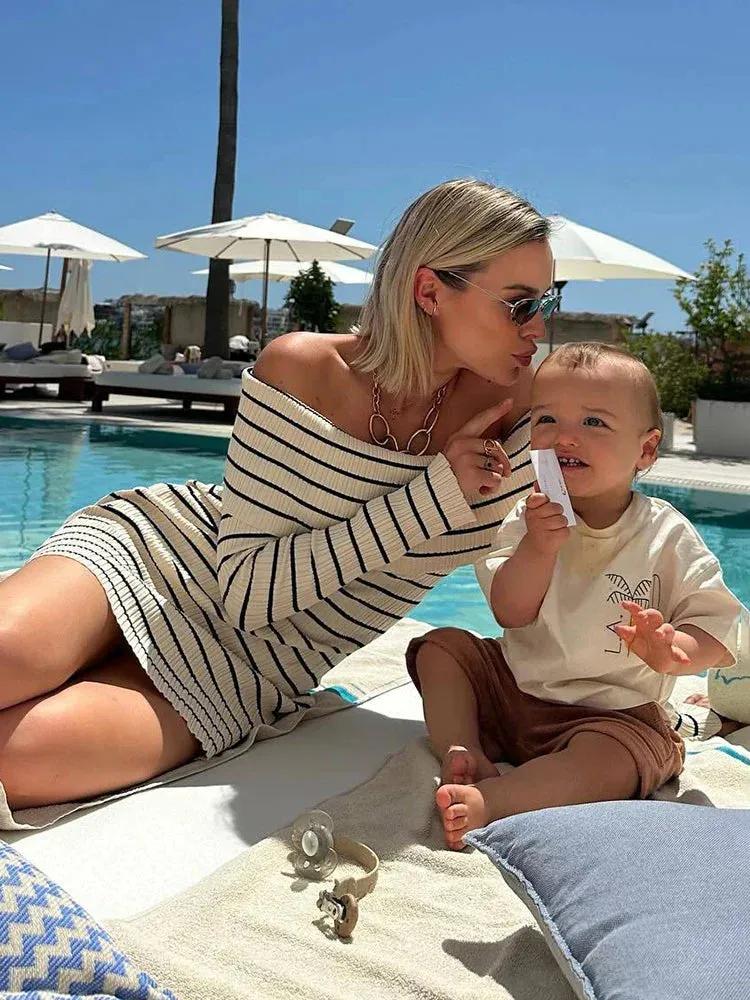 Striped Long Sleeve Charming Knit Off-Shoulder Mini Dress