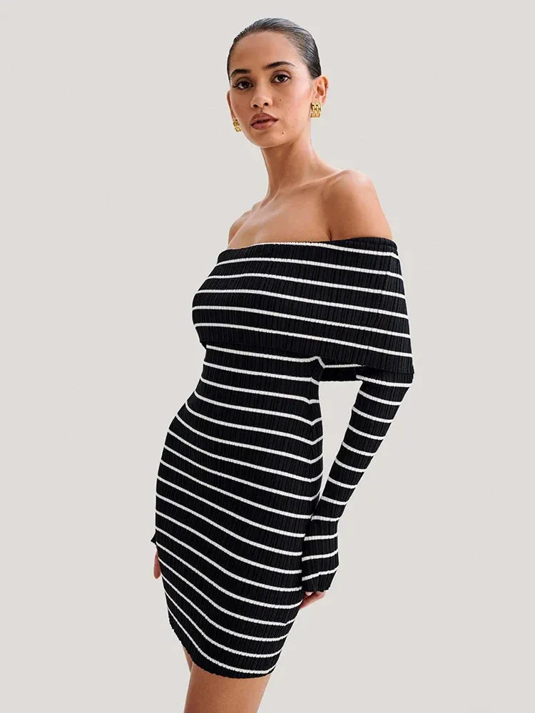Striped Long Sleeve Charming Knit Off-Shoulder Mini Dress