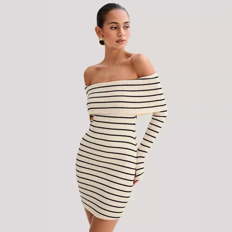 Striped Long Sleeve Charming Knit Off-Shoulder Mini Dress