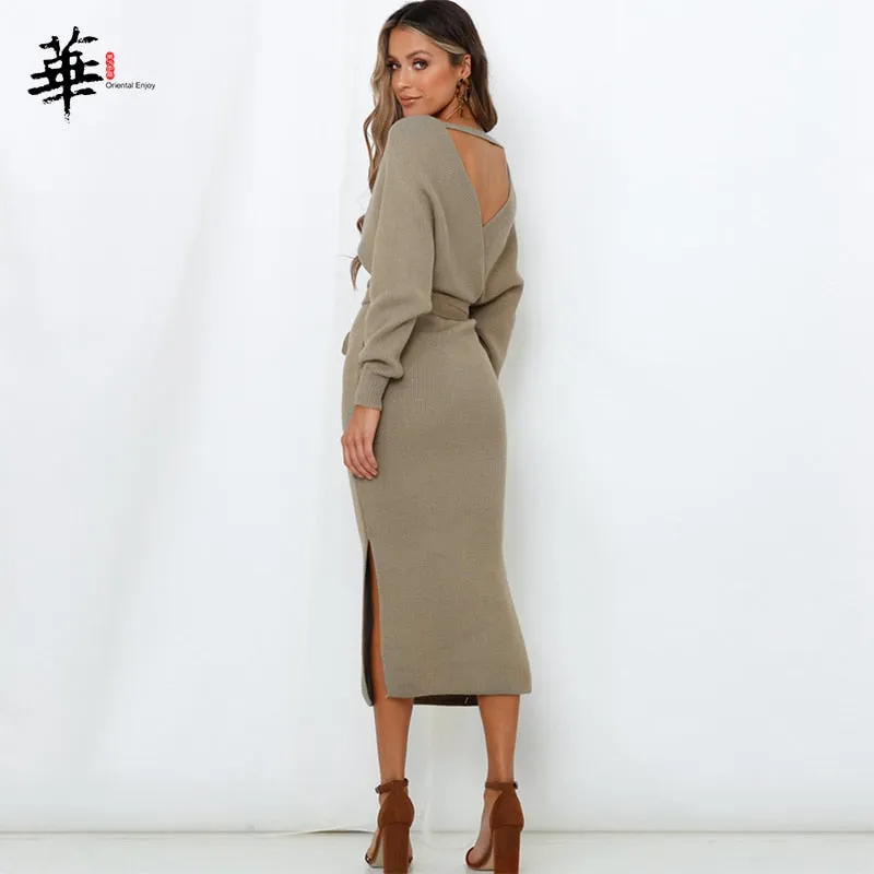 Sweater Dress Long Sleeve Winter Bandage Bodycon V-Neck
