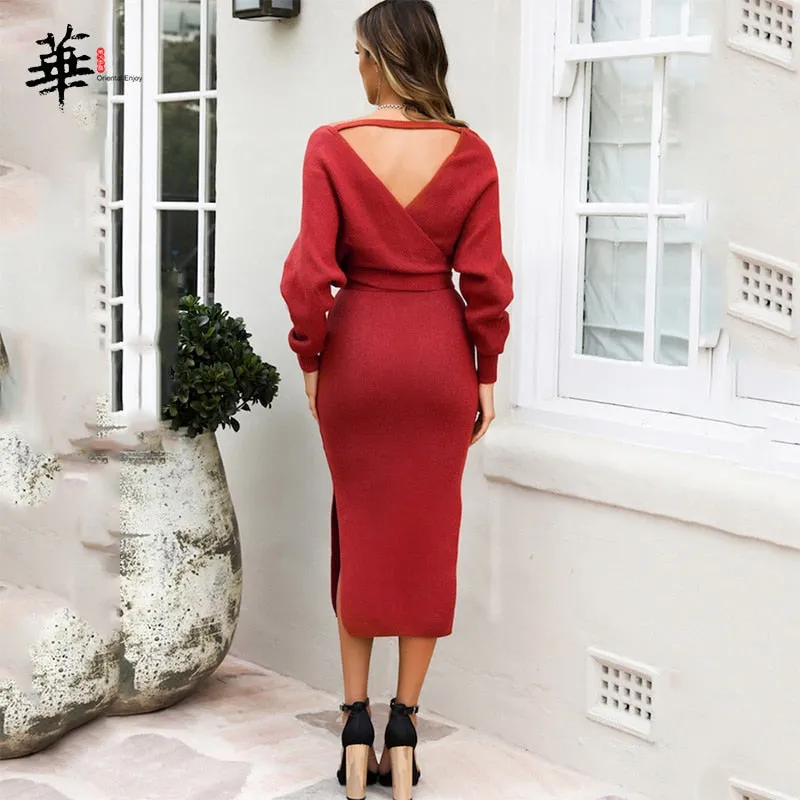 Sweater Dress Long Sleeve Winter Bandage Bodycon V-Neck