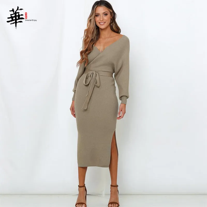 Sweater Dress Long Sleeve Winter Bandage Bodycon V-Neck