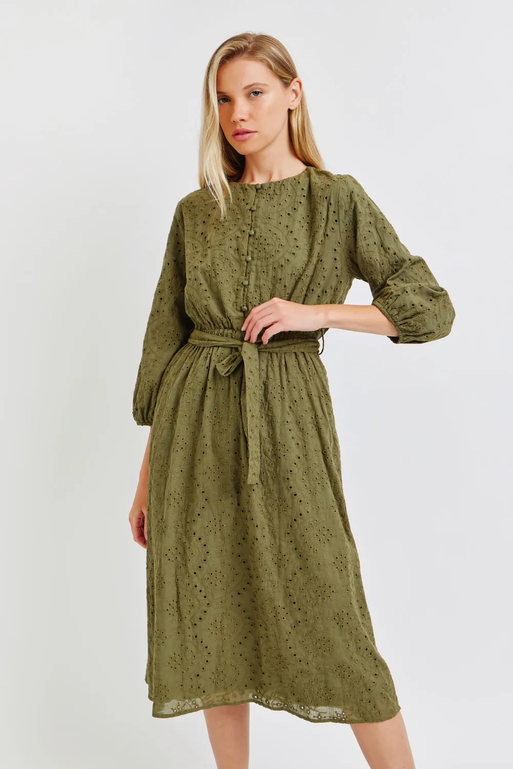 The Sloane Embroidered Midi Dress in Olive