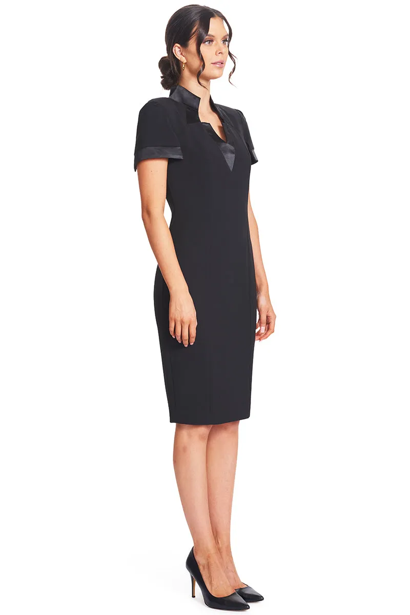 Top Notch Dress - Notch Neck High Collar Sheath Dress With Contrast
