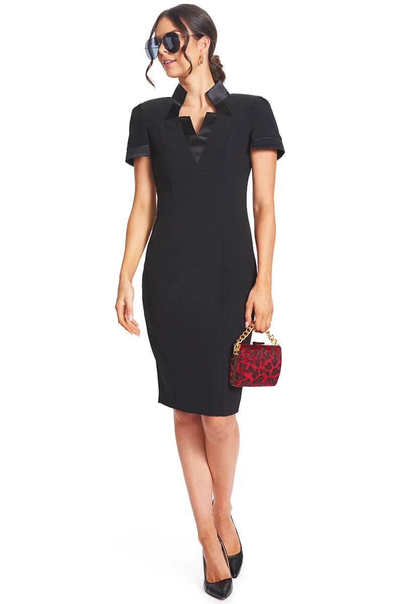 Top Notch Dress - Notch Neck High Collar Sheath Dress With Contrast