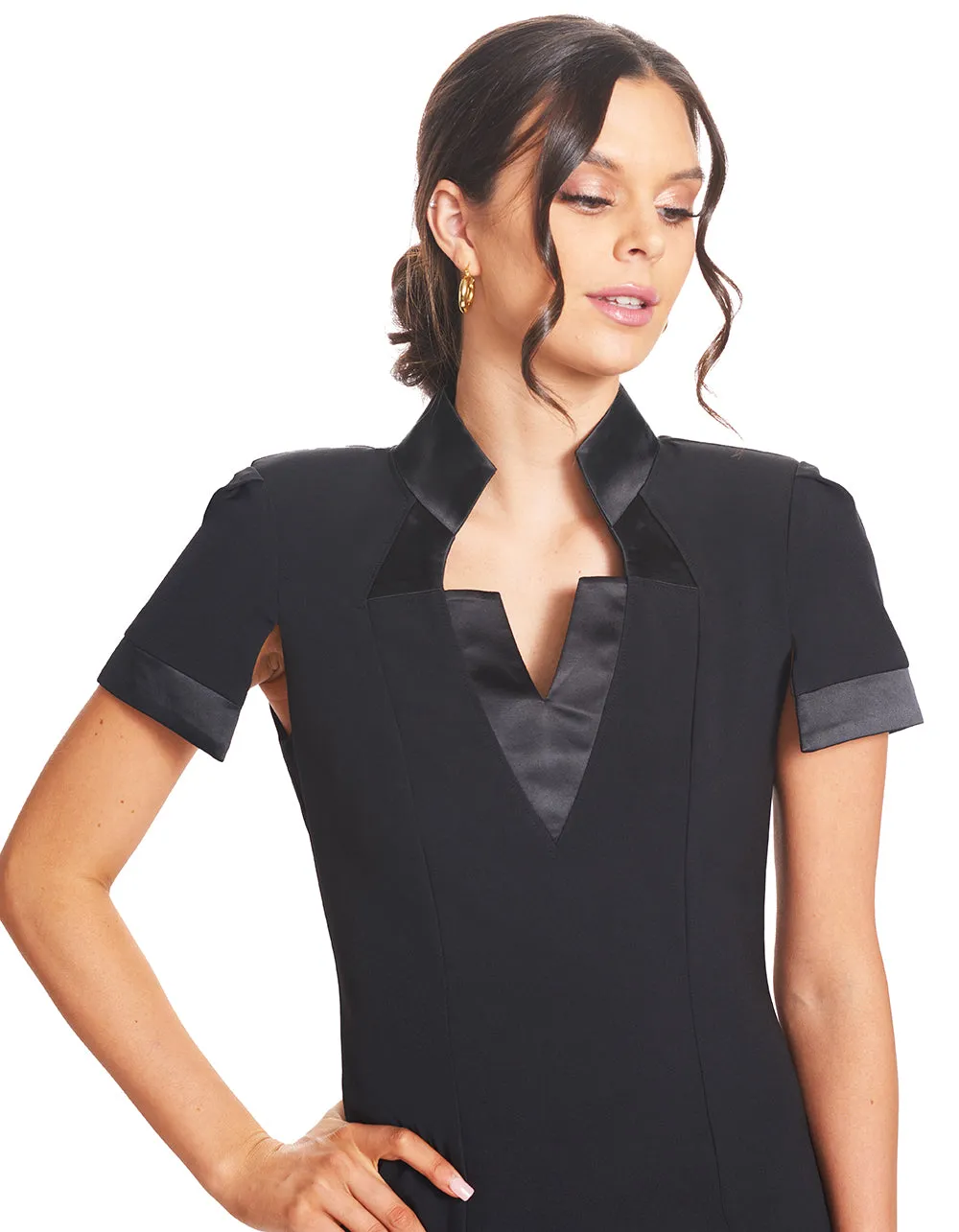 Top Notch Dress - Notch Neck High Collar Sheath Dress With Contrast