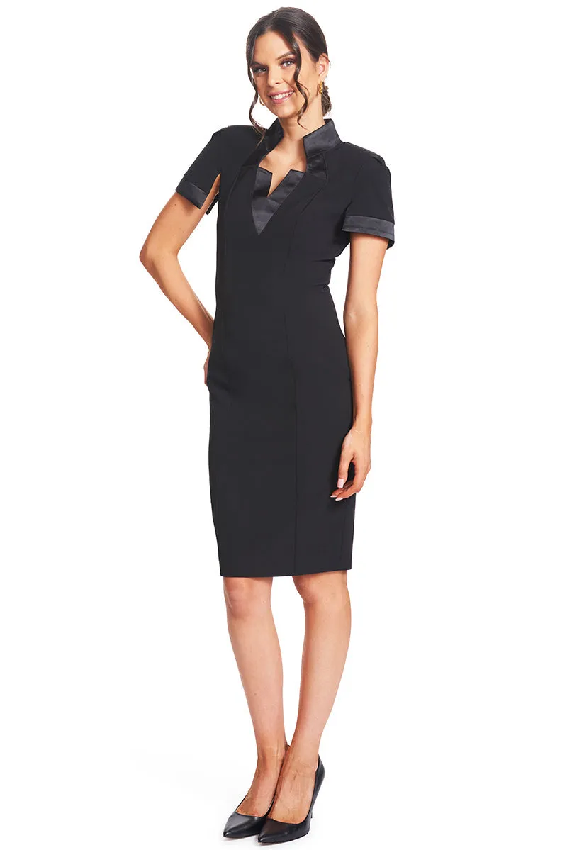 Top Notch Dress - Notch Neck High Collar Sheath Dress With Contrast