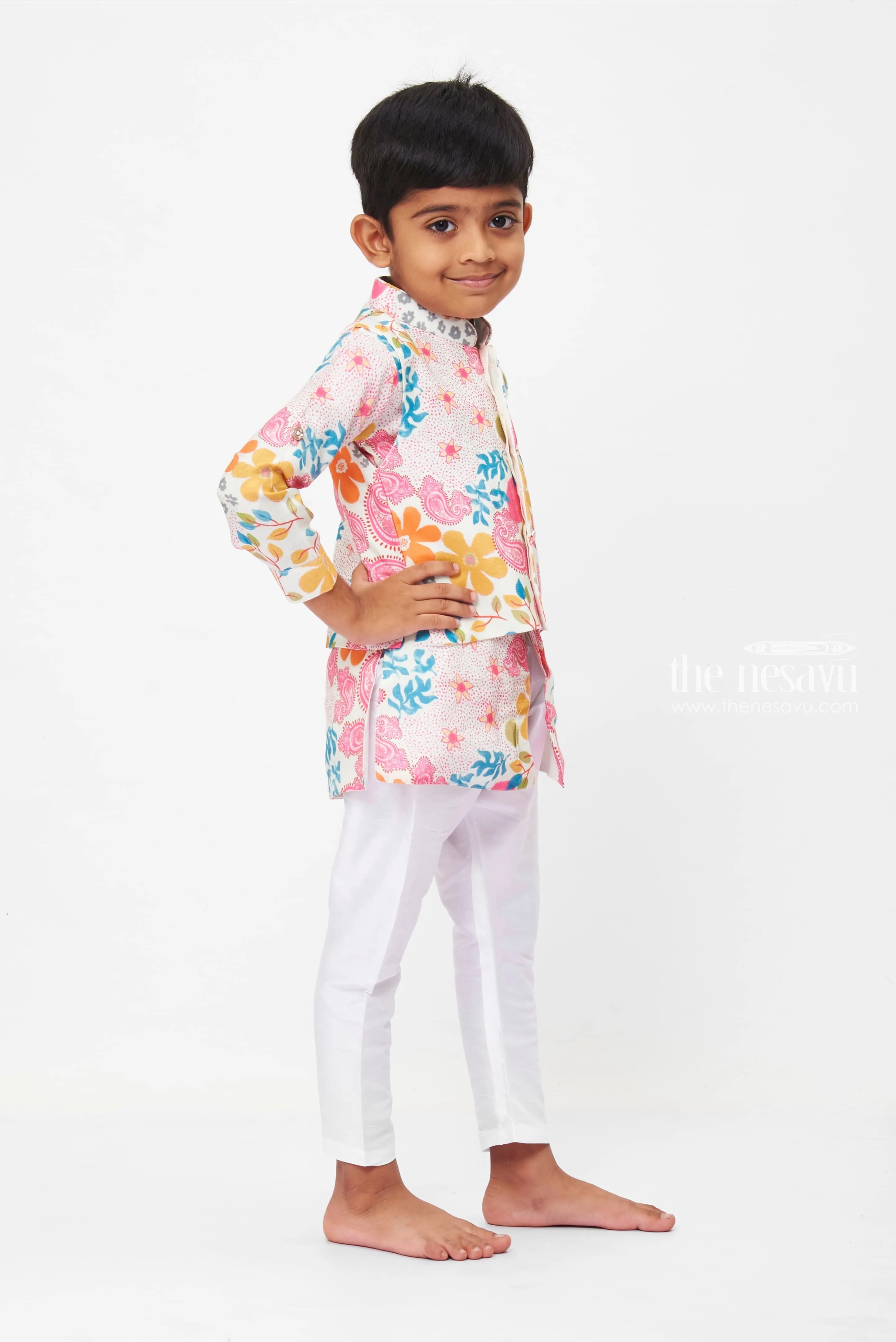 Traditional Boys Floral Overcoat & White Kurta Set with Pant and Panchagajam