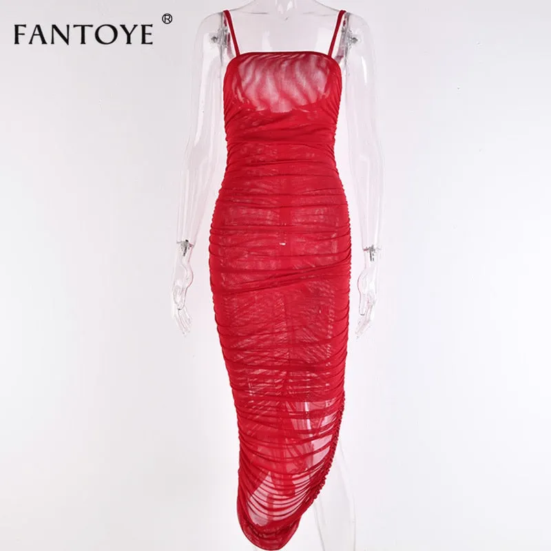VenusFox Ruched Sheer Sexy Maxi Dress