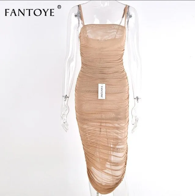 VenusFox Ruched Sheer Sexy Maxi Dress