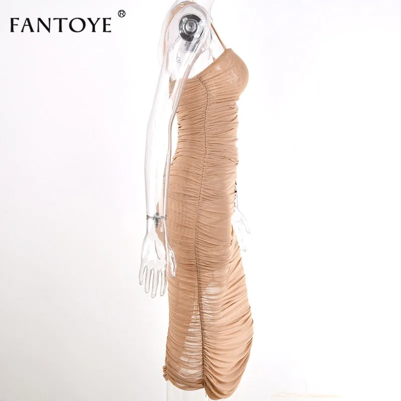 VenusFox Ruched Sheer Sexy Maxi Dress