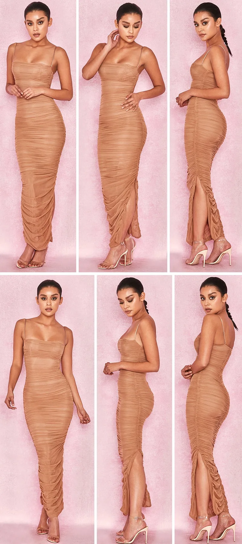VenusFox Ruched Sheer Sexy Maxi Dress