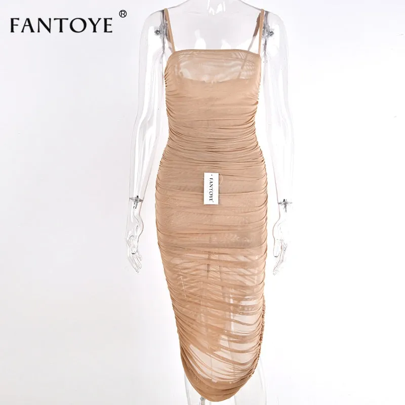 VenusFox Ruched Sheer Sexy Maxi Dress