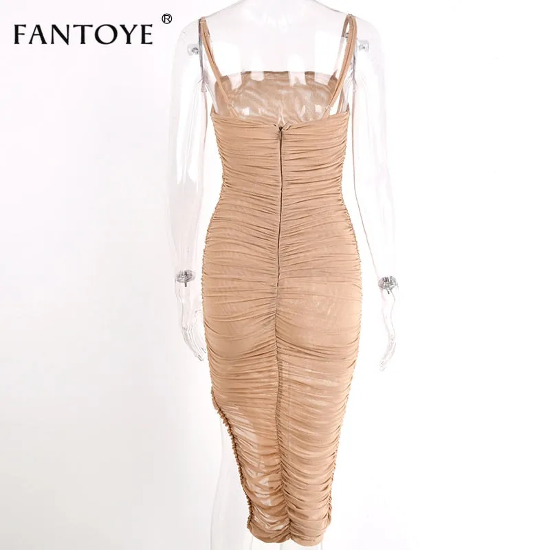VenusFox Ruched Sheer Sexy Maxi Dress