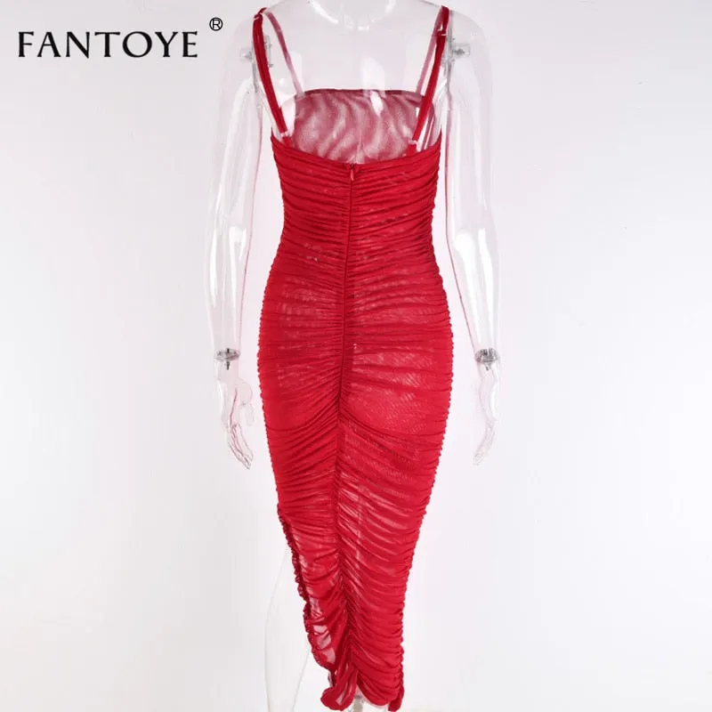 VenusFox Ruched Sheer Sexy Maxi Dress