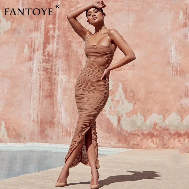 VenusFox Ruched Sheer Sexy Maxi Dress